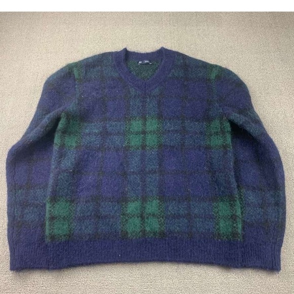 GAP Sweaters - Gap Sweater Women M Blue Green Blue Plaid Alpaca Wool Blend V Neck Pullover Knit